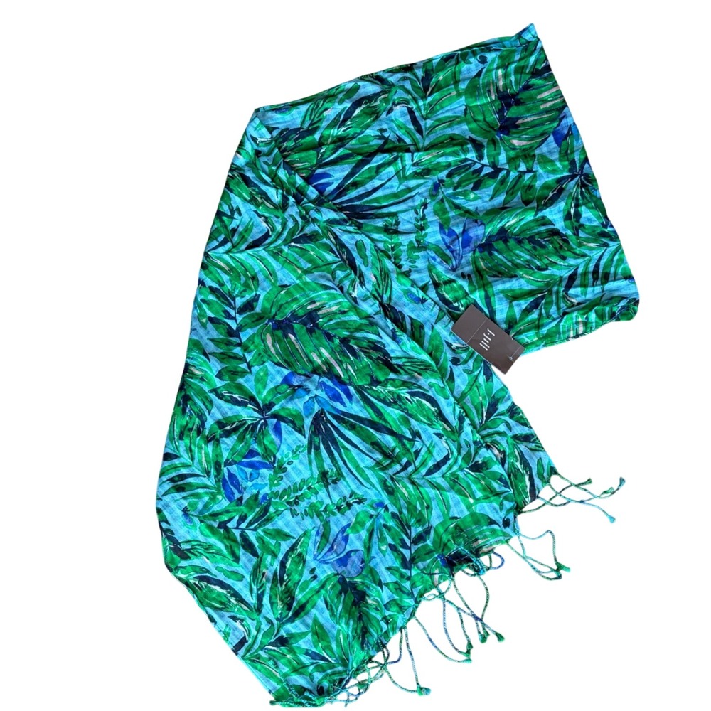 J. Jill Tropical Leaf Print Scarf Green Blue Tassel‎ Fringe One Size NEW 268031